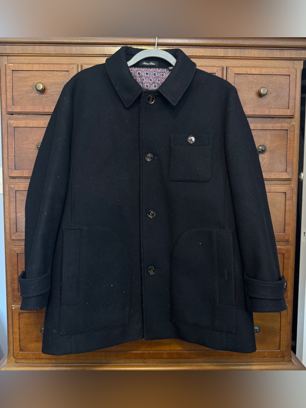 Ted Baker Osmond Wool Blend Car Coat Black Italian Fabric Men’s Large Size 5